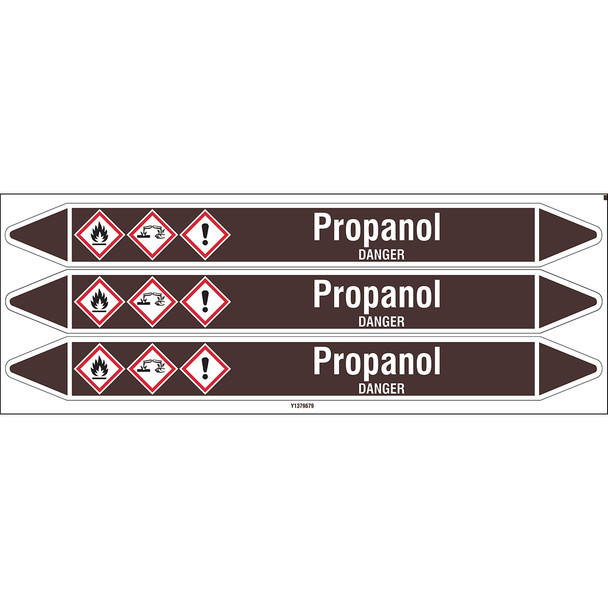 Individual Pipe Markers on a Card with die-cut arrowheads, with pictograms - Flammable/Non Flammable Liquids/Oils - Propanol