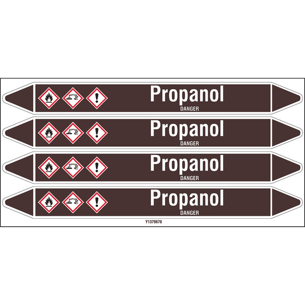 Individual Pipe Markers on a Card with die-cut arrowheads, with pictograms - Flammable/Non Flammable Liquids/Oils - Propanol