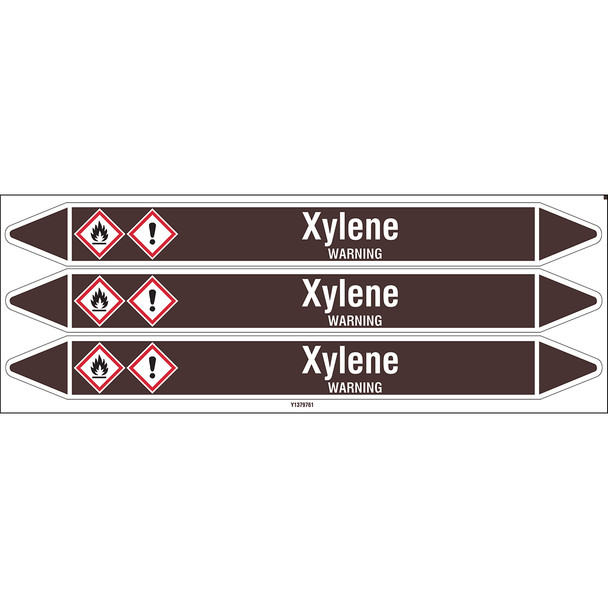 Individual Pipe Markers on a Card with die-cut arrowheads, with pictograms - Flammable/Non Flammable Liquids/Oils - Xylene