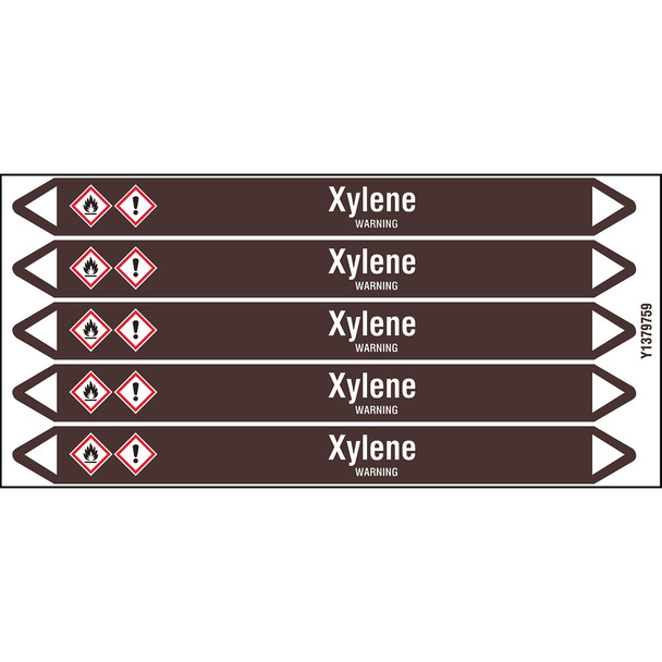 Individual Pipe Markers on a Card with die-cut arrowheads, with pictograms - Flammable/Non Flammable Liquids/Oils - Xylene