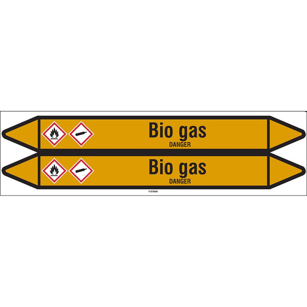 Individual Pipe Markers on a Card with die-cut arrowheads, with pictograms - Gas - Bio gas
