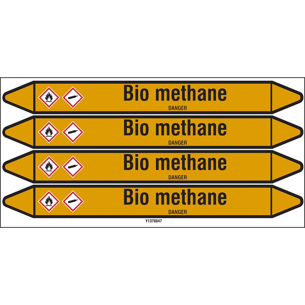 Individual Pipe Markers on a Card with die-cut arrowheads, with pictograms - Gas - Bio methane
