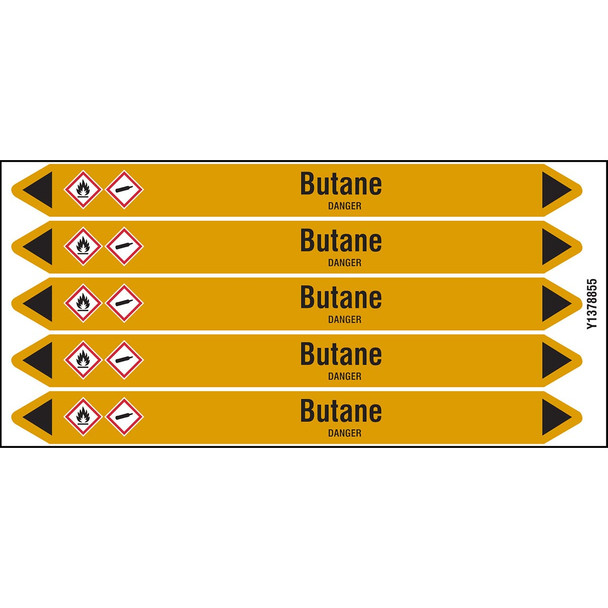 Individual Pipe Markers on a Card with die-cut arrowheads, with pictograms - Gas - Butane