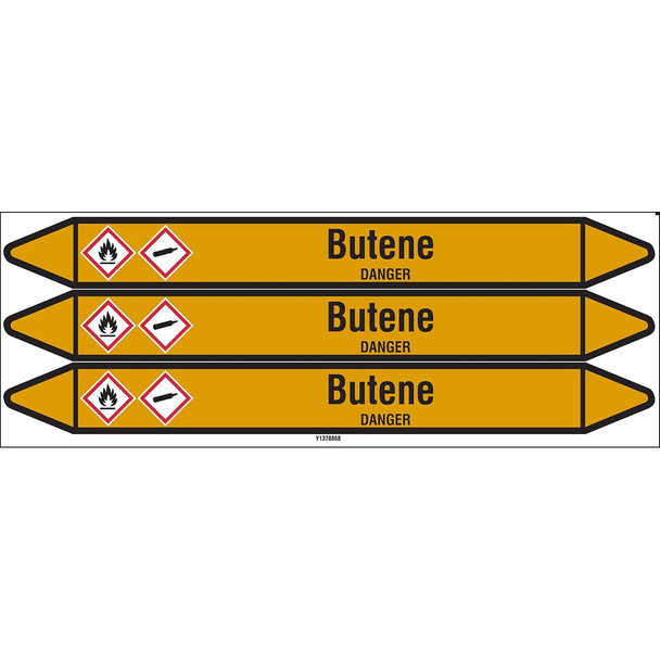 Individual Pipe Markers on a Card with die-cut arrowheads, with pictograms - Gas - Butene