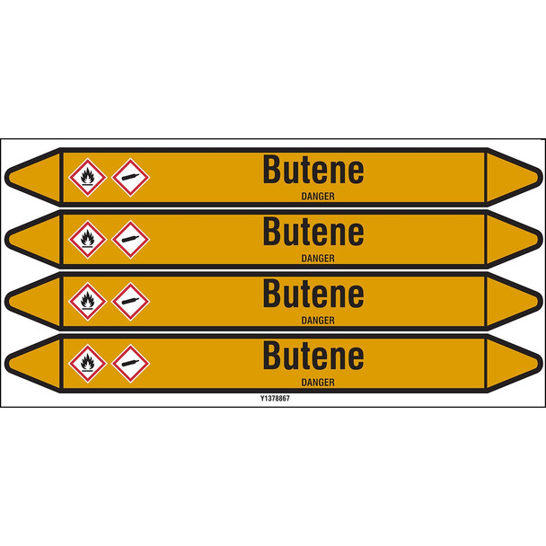 Individual Pipe Markers on a Card with die-cut arrowheads, with pictograms - Gas - Butene