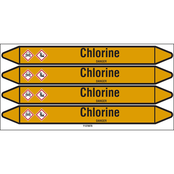 Individual Pipe Markers on a Card with die-cut arrowheads, with pictograms - Gas - Chlorine