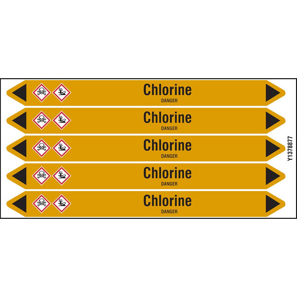 Individual Pipe Markers on a Card with die-cut arrowheads, with pictograms - Gas - Chlorine