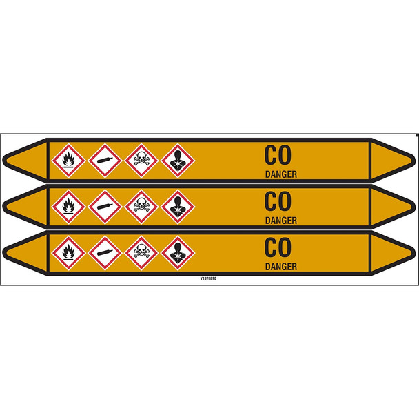 Individual Pipe Markers on a Card with die-cut arrowheads, with pictograms - Gas - CO