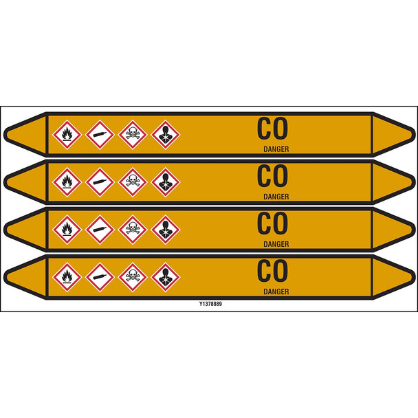 Individual Pipe Markers on a Card with die-cut arrowheads, with pictograms - Gas - CO