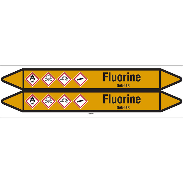Individual Pipe Markers on a Card with die-cut arrowheads, with pictograms - Gas - Fluorine