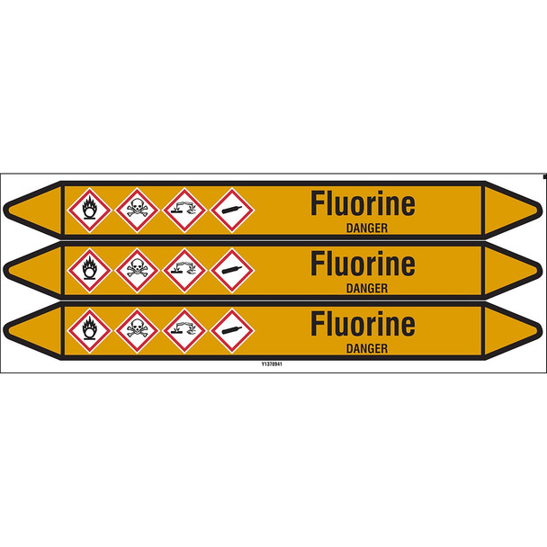 Individual Pipe Markers on a Card with die-cut arrowheads, with pictograms - Gas - Fluorine