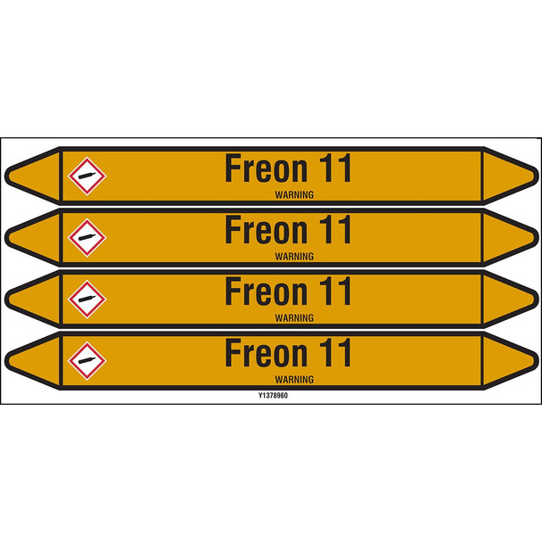 Individual Pipe Markers on a Card with die-cut arrowheads, with pictograms - Gas - Freon 11