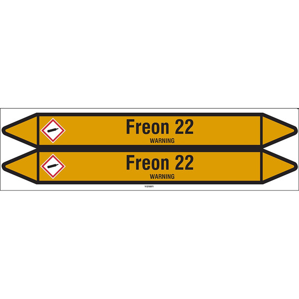 Individual Pipe Markers on a Card with die-cut arrowheads, with pictograms - Gas - Freon 22