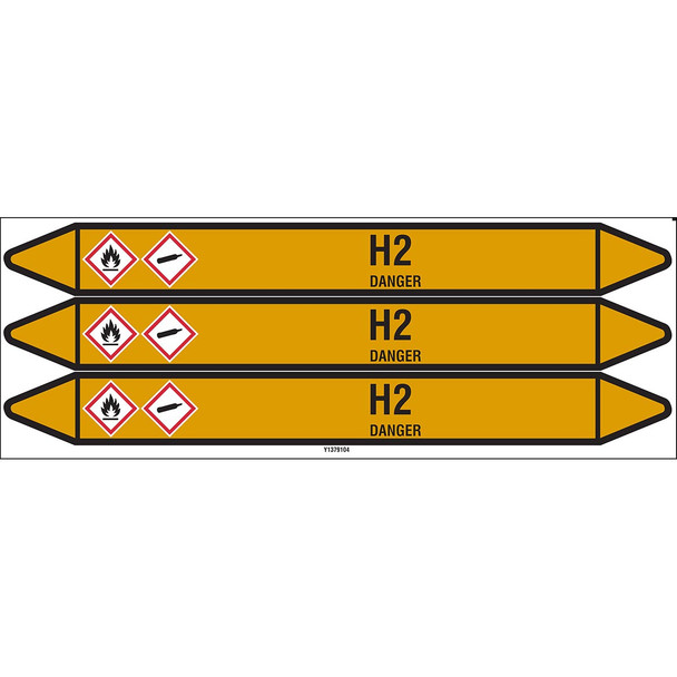 Individual Pipe Markers on a Card with die-cut arrowheads, with pictograms - Gas - H2