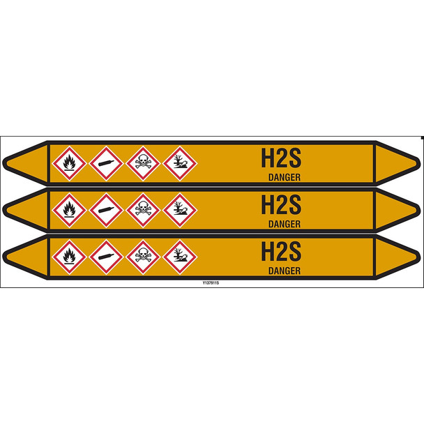 Individual Pipe Markers on a Card with die-cut arrowheads, with pictograms - Gas - H2S