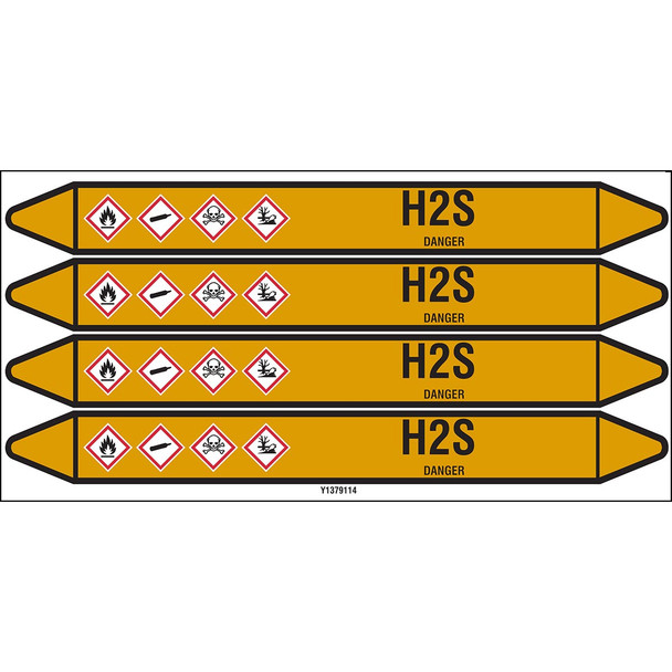 Individual Pipe Markers on a Card with die-cut arrowheads, with pictograms - Gas - H2S