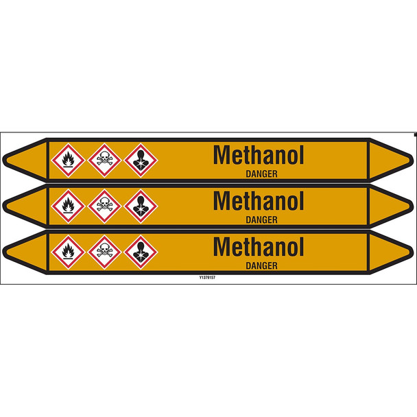 Individual Pipe Markers on a Card with die-cut arrowheads, with pictograms - Gas - Methanol