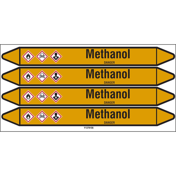 Individual Pipe Markers on a Card with die-cut arrowheads, with pictograms - Gas - Methanol