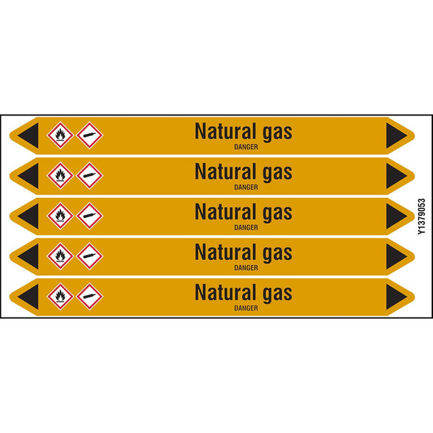 Individual Pipe Markers on a Card with die-cut arrowheads, with pictograms - Gas - Natural gas