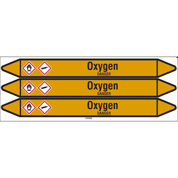 Individual Pipe Markers on a Card with die-cut arrowheads, with pictograms - Gas - Oxygen