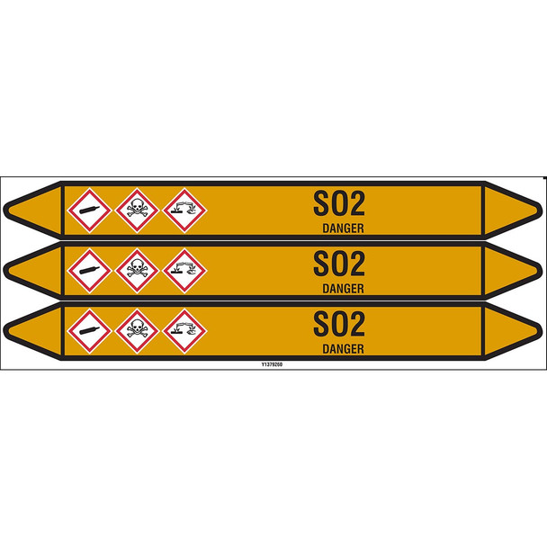 Individual Pipe Markers on a Card with die-cut arrowheads, with pictograms - Gas - SO2