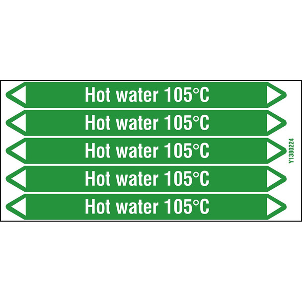 Individual Pipe Markers on a Card with die-cut arrowheads, without pictograms - Water - Hot water 105°C
