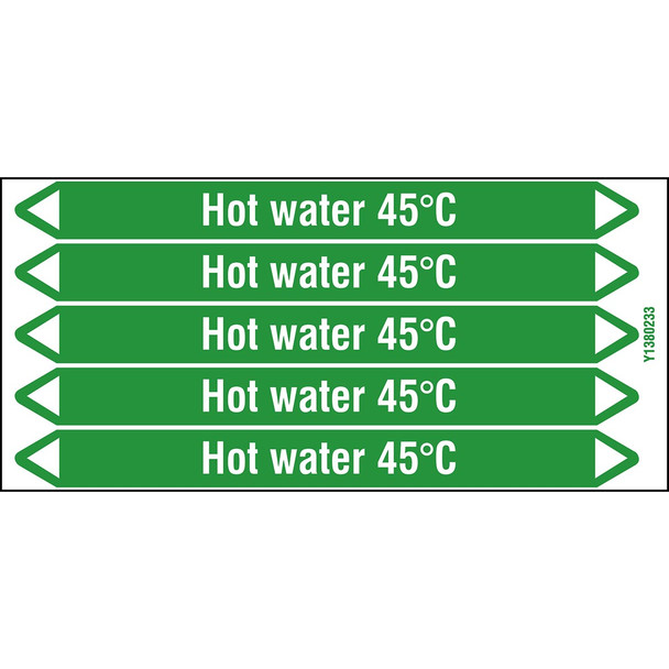 Individual Pipe Markers on a Card with die-cut arrowheads, without pictograms - Water - Hot water 45°C