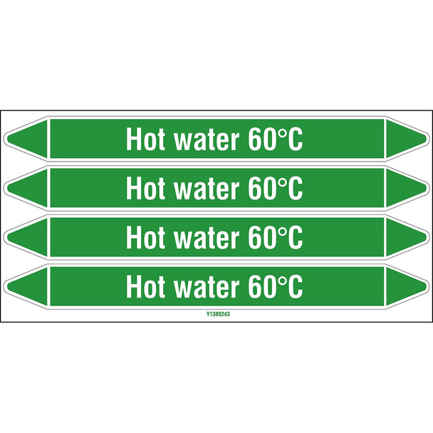 Individual Pipe Markers on a Card with die-cut arrowheads, without pictograms - Water - Hot water 60°C