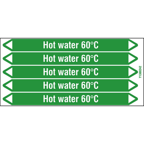 Individual Pipe Markers on a Card with die-cut arrowheads, without pictograms - Water - Hot water 60°C