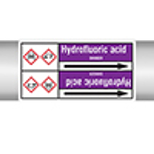 Roll form linerless Pipe Markers, with pictograms - Acids & Alkalis - Hydrofluoric acid