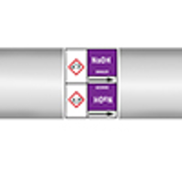 Roll form linerless Pipe Markers, with pictograms - Acids & Alkalis - NaOH