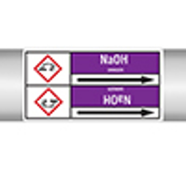 Roll form linerless Pipe Markers, with pictograms - Acids & Alkalis - NaOH