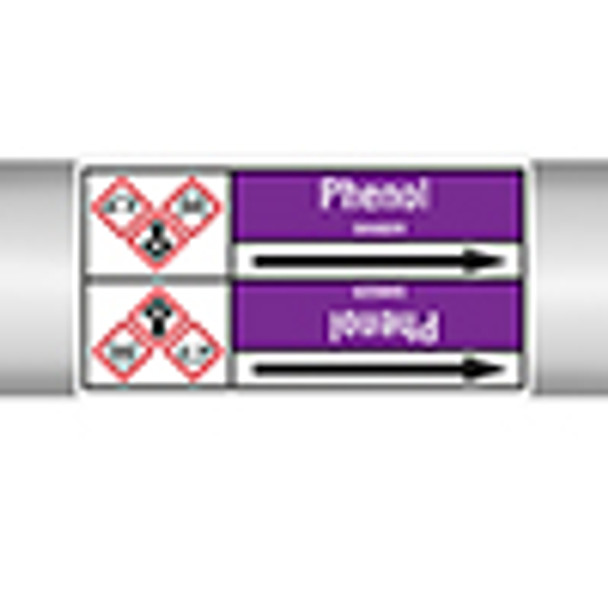 Roll form linerless Pipe Markers, with pictograms - Acids & Alkalis - Phenol