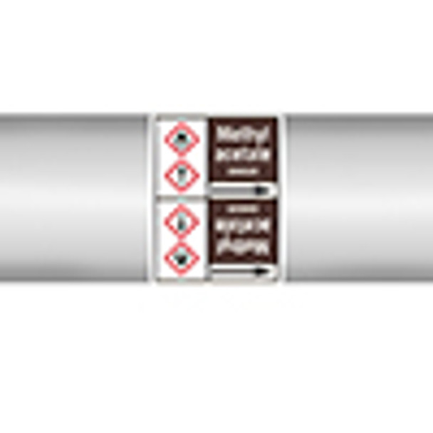 Roll form linerless Pipe Markers, with pictograms - Flammable/Non-Flammable Liquids/Oils - Methyl acetate