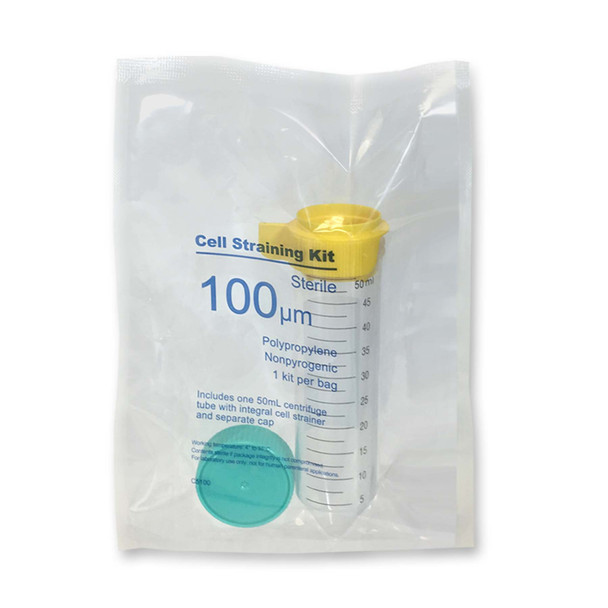 ReadyStrain™ 100µm Cell straining kit w/ strainer, 50mL tube and screw-cap, yellow, sterile, indiv. wrapped, 50/pk