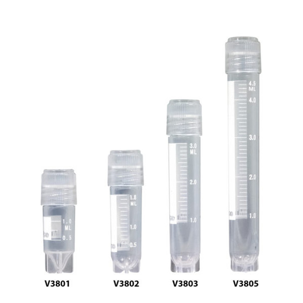 Cryogenic Vials, externally threaded caps with silicone o-ring, 5mL, sterile, printed graduations and marking area, self-standing star foot, 50-place locking rack included with each case, 10 resealable bags of 50 tubes, 500/cs