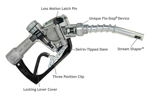 Husky 074773N 1'' Inlet NPT 1A Automatic Shut-Off Light Duty Diesel Rebuilt Nozzle w/ Three Notch Hold Open Clip & Polymer Hand Guard & Full Grip Guar