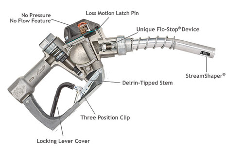 Husky 1216204 1'' Inlet NPT New Conventional Fueling 1AS Pressure Activated Automatic Shut-Off Unleaded Nozzle w/ Three Notch Hold Open Clip & Metal H