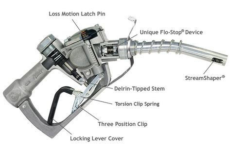 Husky 6962209N 1'' Inlet NPT Farm & Commercial Fueling 1GS Automatic Shut-Off Unleaded Nozzle w/ Three Notch Hold Open Clip & Reducer Bushing & Hangin