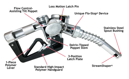 Husky 159463N-08 3/4'' Inlet NPT X Automatic Shut-Off Gold Light Duty Diesel Nozzle w/ Three Notch Hold Open Clip & Polymer Handguard & Full Grip Guard & 0018