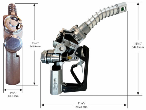 Husky 749310N-09 VIII 1'' Sliver Heavy Duty Diesel Nozzle with Three Notch Hold Open Clip & Waffle Splash Guard and Spout Bushing