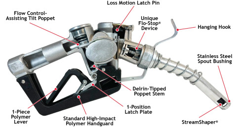 Husky 337004N-05 3/4'' Yellow Inlet NPT New Farm & Commercial Fueling XFS Automatic Shut-Off Unleaded Nozzle w/ Hold Open Clip & Hanging Hook