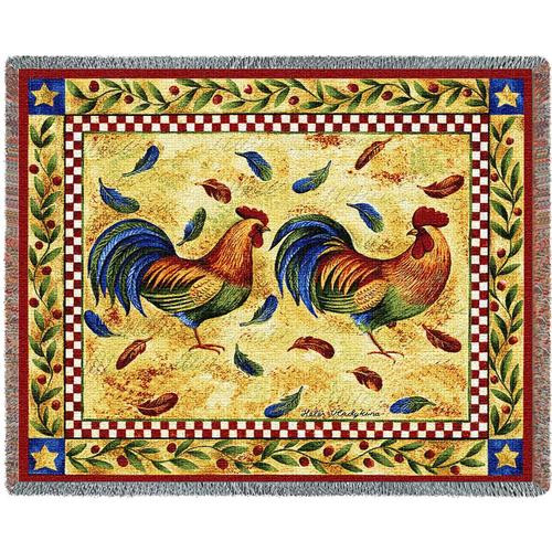 Country Weavers two colorful Roosters Tapestry Throw, made in USA Country Weavers two colorful Roosters Tapestry Throw, made in USA