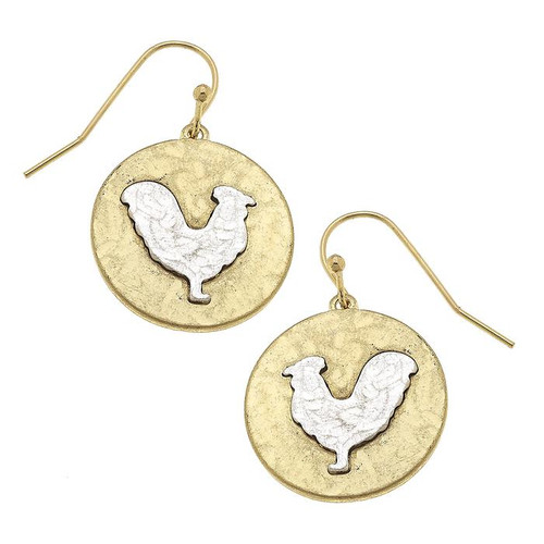 Farm Animal Hen hammered gold with Silvertone Earrings
