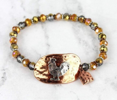 Burnished Coppertone and Silvertone Rooster beaded Bracelet