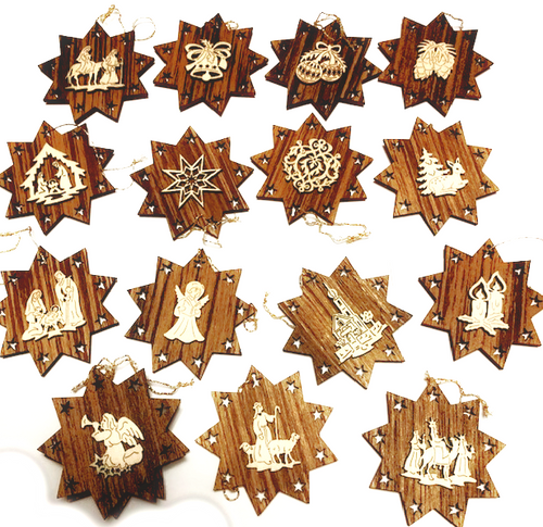 Wooden Christmas Tree Ornament dark Walnut Star with Laser Cut out Motive, double sided, raised for 3D effect Wooden Christmas Tree Ornament dark Walnut Star with Laser Cut out Motive, double sided, raised for 3D effect