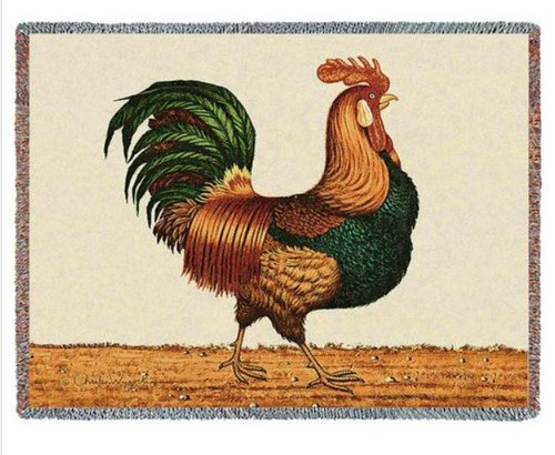 Charles Wysocki Country Rooster woven, hand finished Art Throw Blanket