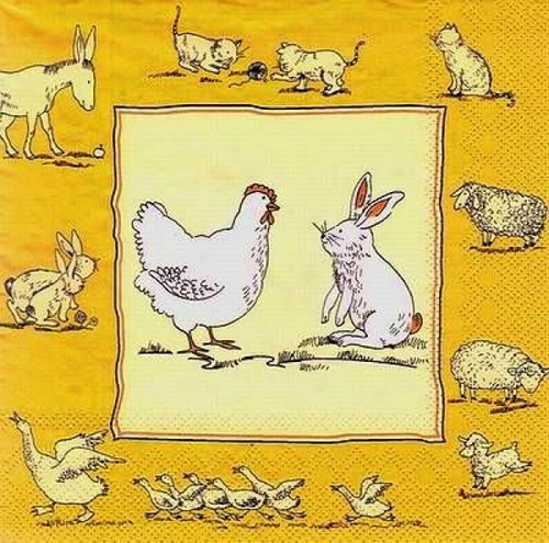 Whats up? Hen and Bunny having a chat surrounded by Animal border donkey, geese, lamb, cats pack of 20 pcs - yellow background Whats up? Hen and Bunny having a chat surrounded by Animal border donkey, geese, lamb, cats pack of 20 pcs - yellow background