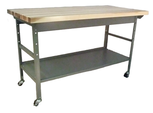 Shown with Laminated Hardwood Butcher Block Top, 1 Shelf and on Dual Swivel Castors