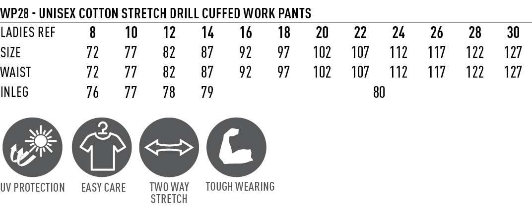 WP28 UNISEX COTTON STRETCH DRILL CUFFED WORK PANTS